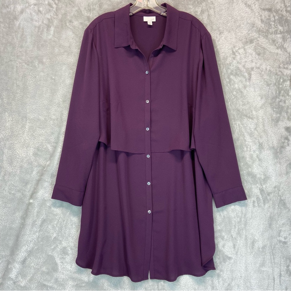 J Jill Purple Button Front Shirt Dress XXL Long Sleeves Layered Side Slits Tunic